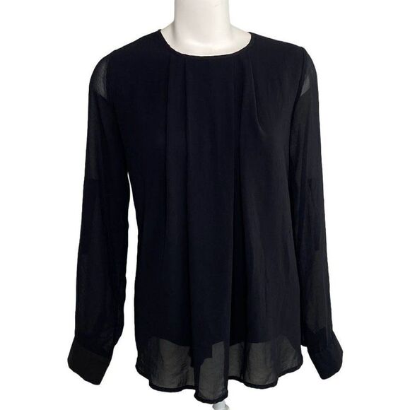 Another Story Tunic Blouse Top Women's MEDIUM Black Sheer Overlay Roll-Tab Scoop - Picture 1 of 10